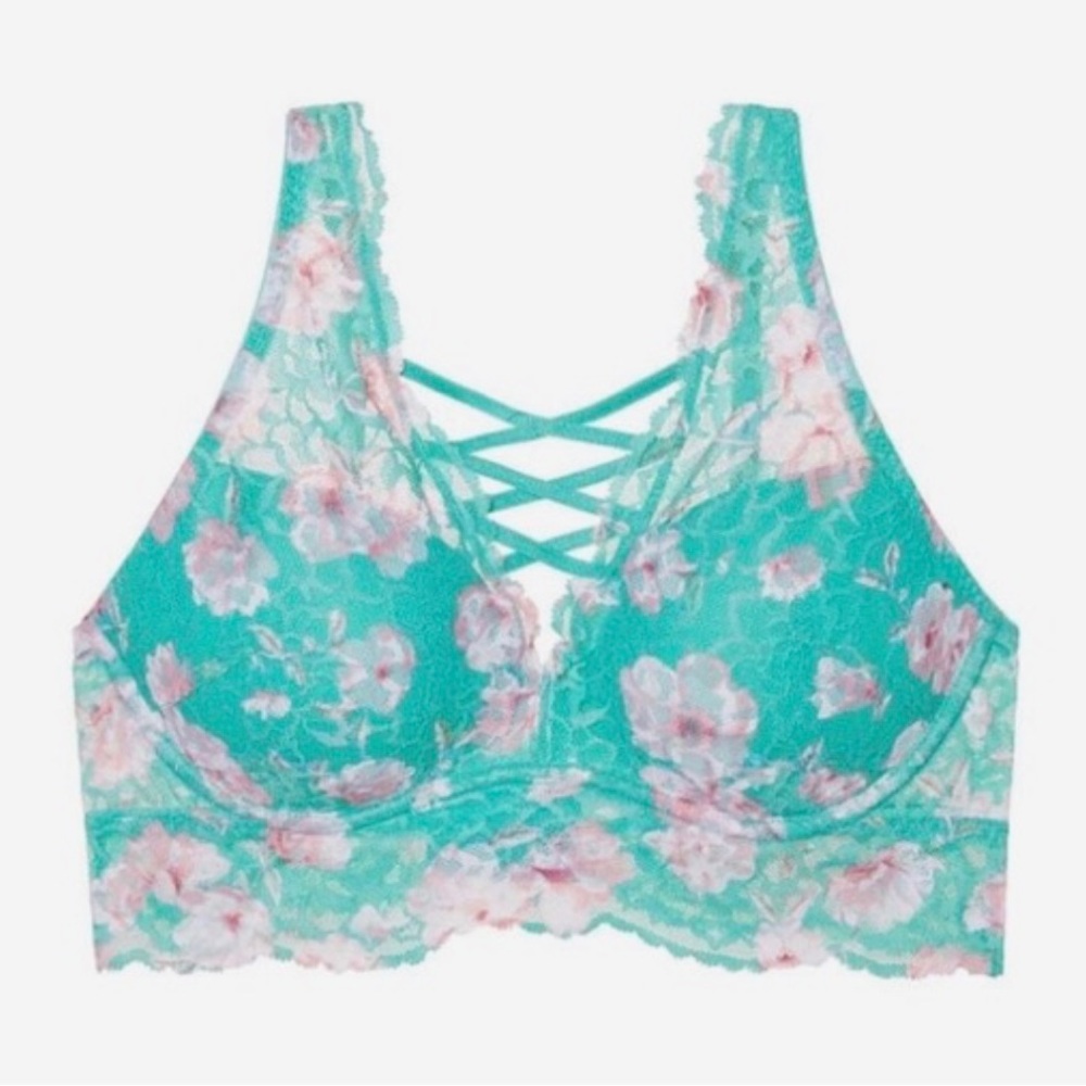 NWOT PINK Victoria’s Secret Strappy Lace Push Up Bra, Aqua Floral